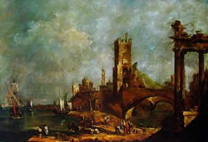 Francesco Guardi: Capriccio con il porticciolo presso una città turrina